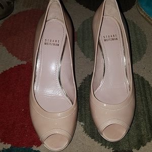 Stuart Weitzman Nude Patent Platform Peep Toe